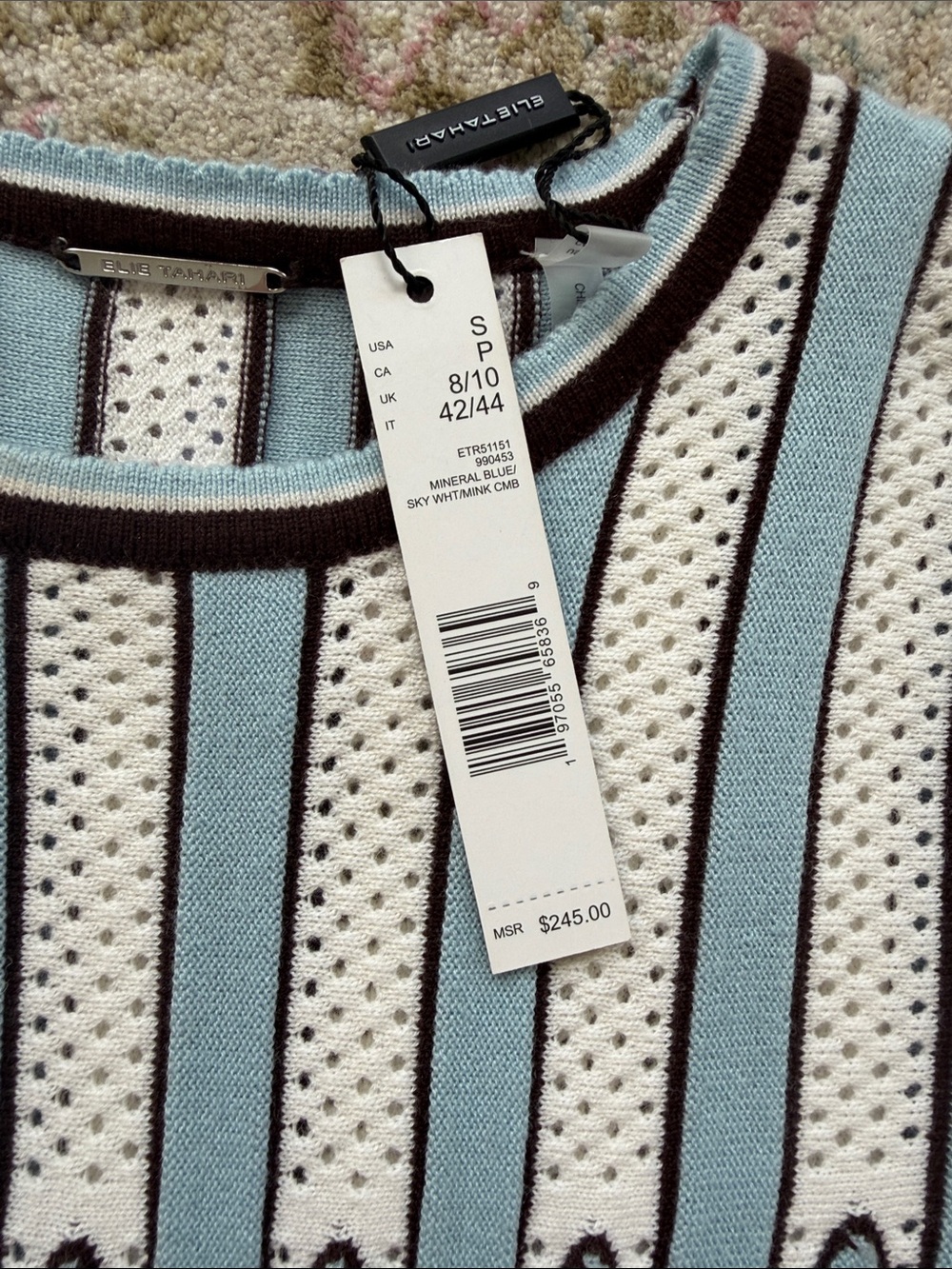 Elie Tahari Sky Blue White & Brown Striped Knit Top